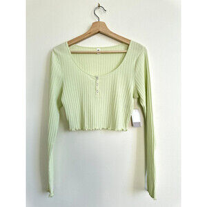 BP Women's Knit Cropped Top Henley Long Sleeve in Lime Green Size M